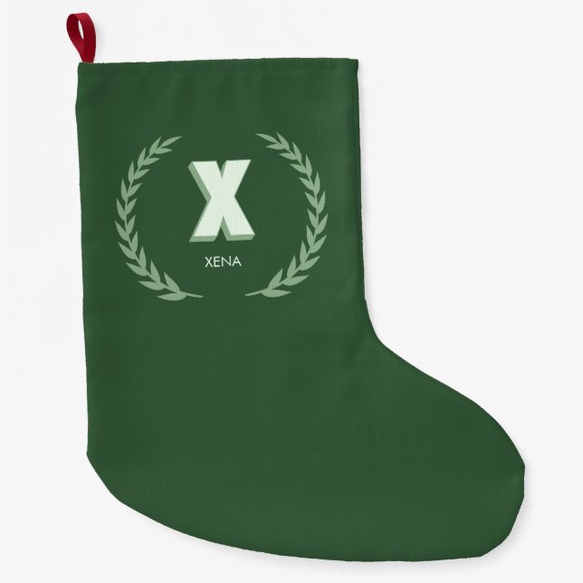 Green Laurel Wreath Letter X Monogram  Large Christmas Stocking (Front)