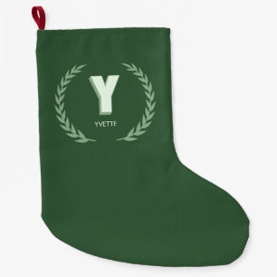 Green Laurel Wreath Letter Y Monogram  Large Christmas Stocking