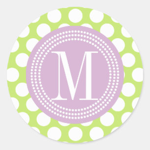 Green & Lavender Big Polka Dots Monogrammed Classic Round Sticker