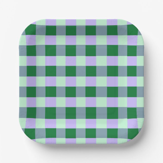 Green & Lavender Gingham Stripes Karo Pattern Paper Plate (Front)
