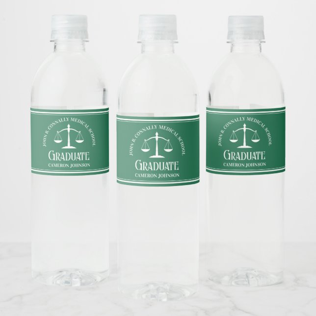 Green Law School Custom Graduation Party Water Bottle Label (Bottles)