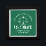 Green Law School Graduate Personalised Graduation Gift Box<br><div class="desc">This custom green law school graduation gift box features white typography under the scales of justice and your college name for the class of 2024. Customise with your graduating year for a great personalised university graduate present.</div>