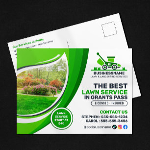 Green Lawn Care Landscaping Mow Mulching Service Postcard