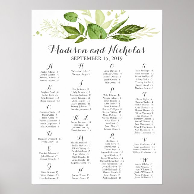 Green Leaf Alphabetical Seating Chart, Rustic Poster (Front)