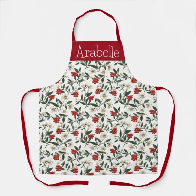 Green Leaf and Bearberry Print with Cream Flower Apron (Front)