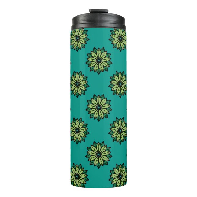 Green Leaf and Flower seamless pattern background. Thermal Tumbler (Front)