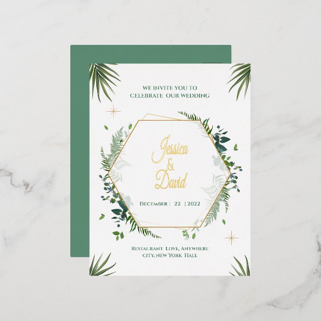 Green leaf and Gold Wedding Invite (Front/Back)