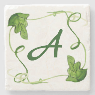 Green Leaf Art Custom Initial Letter Stone Coaster