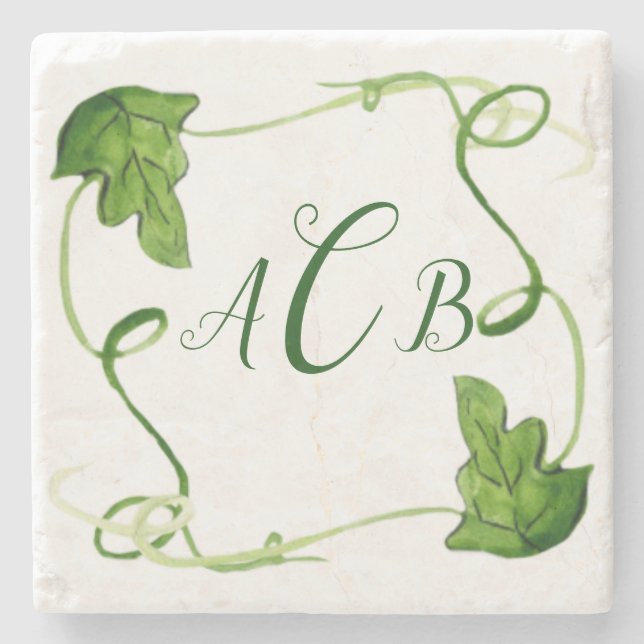 Green Leaf Art Custom Monogram Stone Coaster (Front)