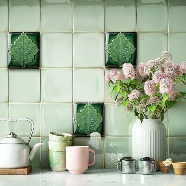 Green Leaf Art Deco  Ceramic Tile (Creator Uploaded)