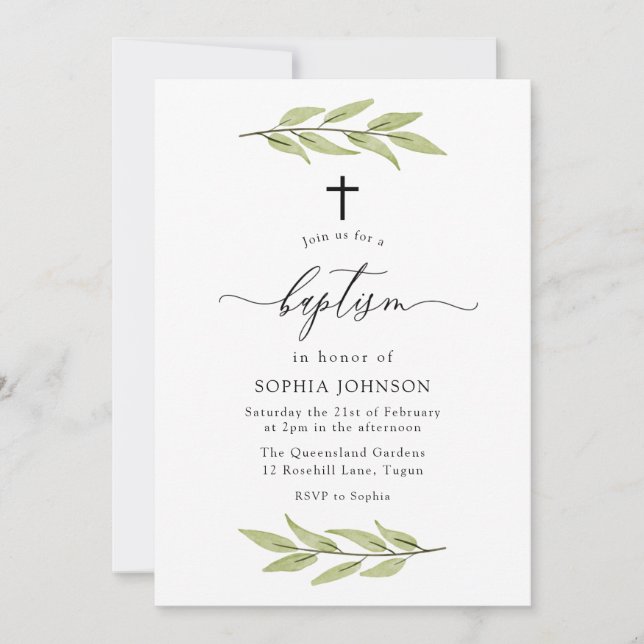 Green Leaf Baby Boy or Girl Baptism Invitation (Front)