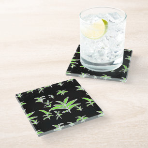 Green Leaf Black Glass Coaster