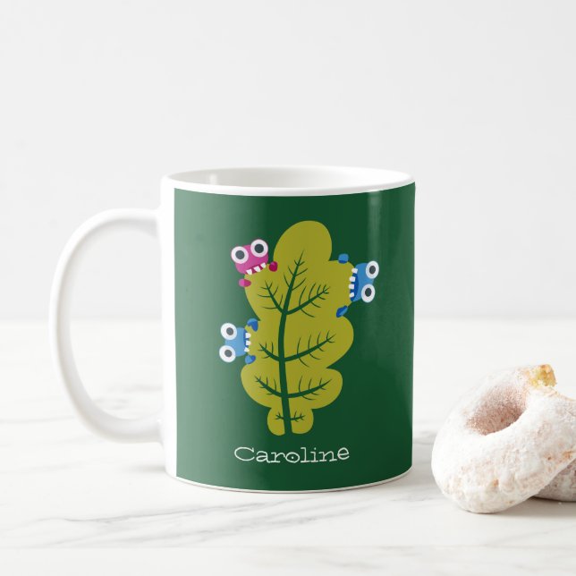 Green Leaf Bugs Kawaii Cute Kids Name Coffee Mug (With Donut)