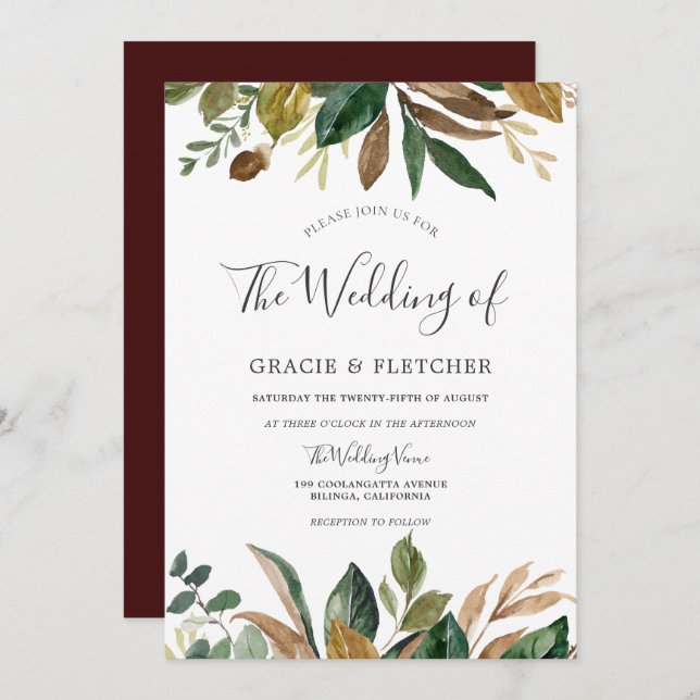 Green Leaf Burgundy Autumn Fall Leaves Wedding Invitation (Front/Back)