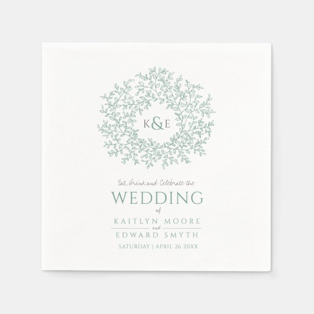 Green leaf circle monogram art wedding custom napkin (Front)