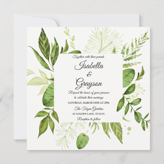 Green Leaf Elegant Botanical Wedding Invitation (Front)