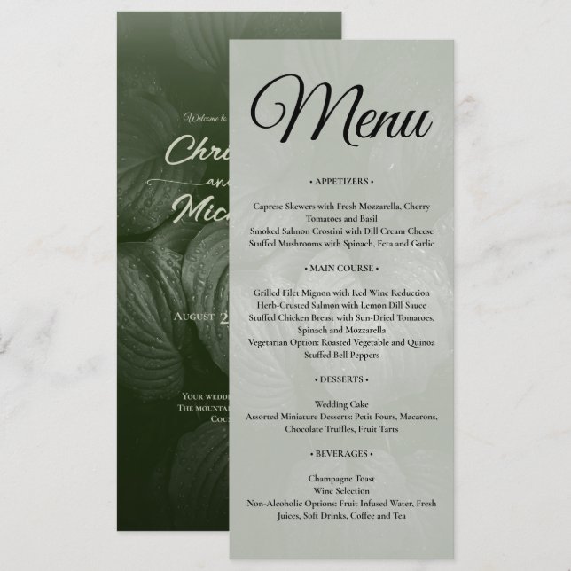 Green leaf elegant greenery spring wedding menu (Front/Back)