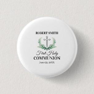 Green leaf first communion  3 cm round badge