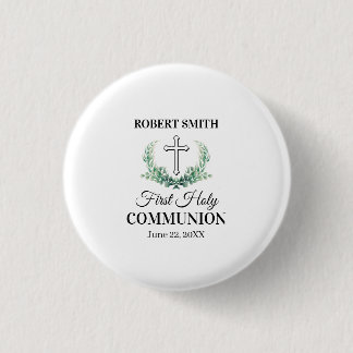 Green leaf first communion  3 cm round badge