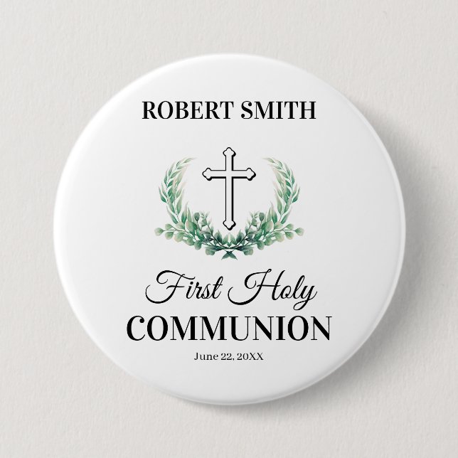Green leaf first communion  7.5 cm round badge (Front)