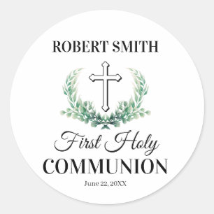 Green leaf first communion  classic round sticker