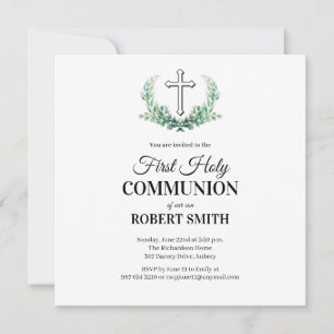 Green leaf first communion invitation card