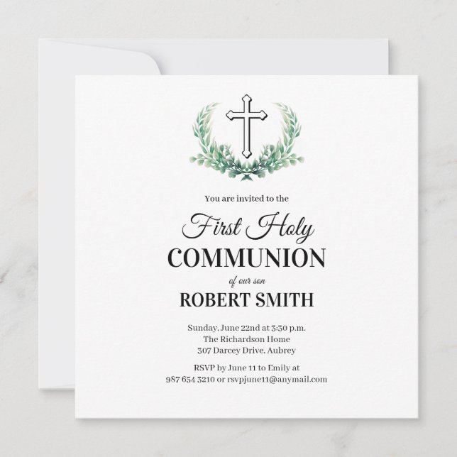 Green leaf first communion invitation card (Front)