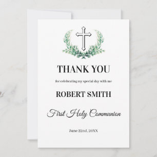 Green leaf first communion thank you card