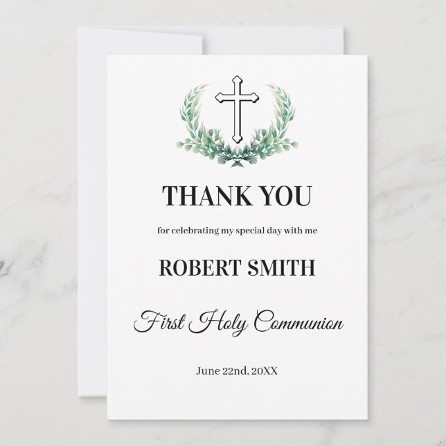 Green leaf first communion  thank you card (Front)
