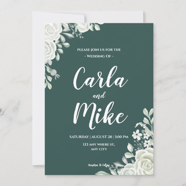 Green Leaf Floral All In One Wedding Invitations (Front)