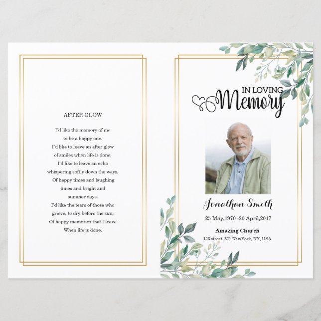 Green leaf Funeral Program template (Front)