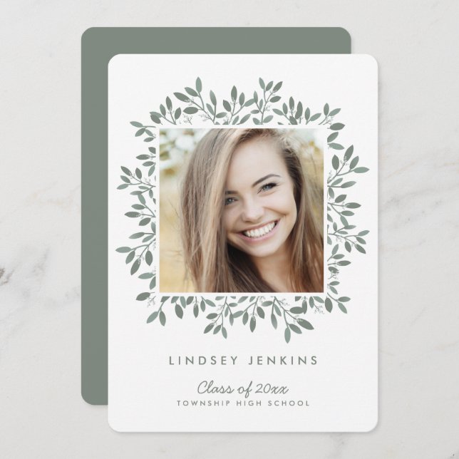 Green Leaf Grad Photo Graduation Party Invitation (Front/Back)