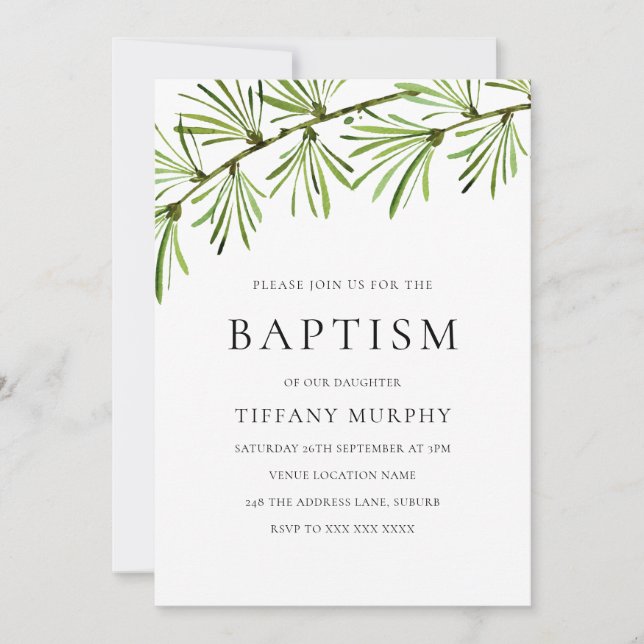 Green Leaf Modern Baptism Christening boy or girl Invitation (Front)
