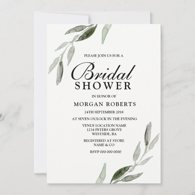 Green Leaf Modern Watercolor Bridal Shower Invite (Front)