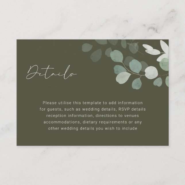 Green Leaf Olive Wedding Reception Details Enclosure Card (Front)