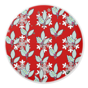 Green Leaf On Red Ceramic Drawer Pull Knob