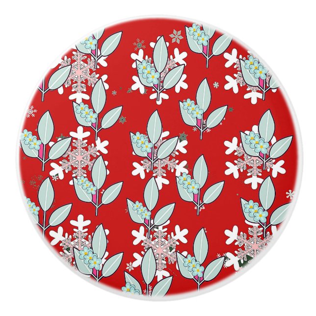 Green Leaf On Red Ceramic Drawer Pull Knob (Front)