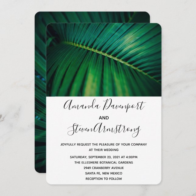 Green Leaf Palm Frond CLoesup Photo Wedding Invitation (Front/Back)