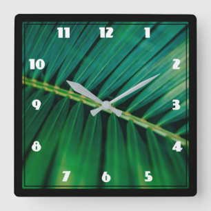 Green Leaf Palm Frond Closeup Photo Square Wall Clock