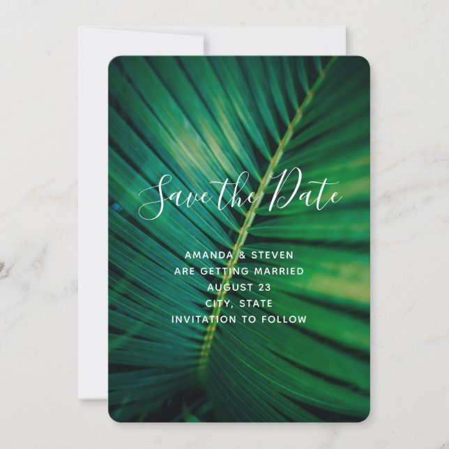 Green Leaf Palm Frond Closeup Photo Wedding Save The Date (Front)