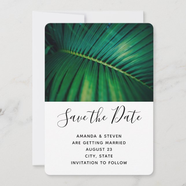 Green Leaf Palm Frond Closeup Photo Wedding Save The Date (Front)