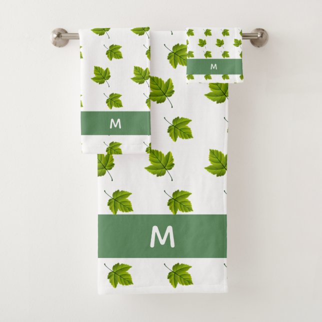 Green Leaf Pattern and Monogram on White  Bath Towel Set (Insitu)