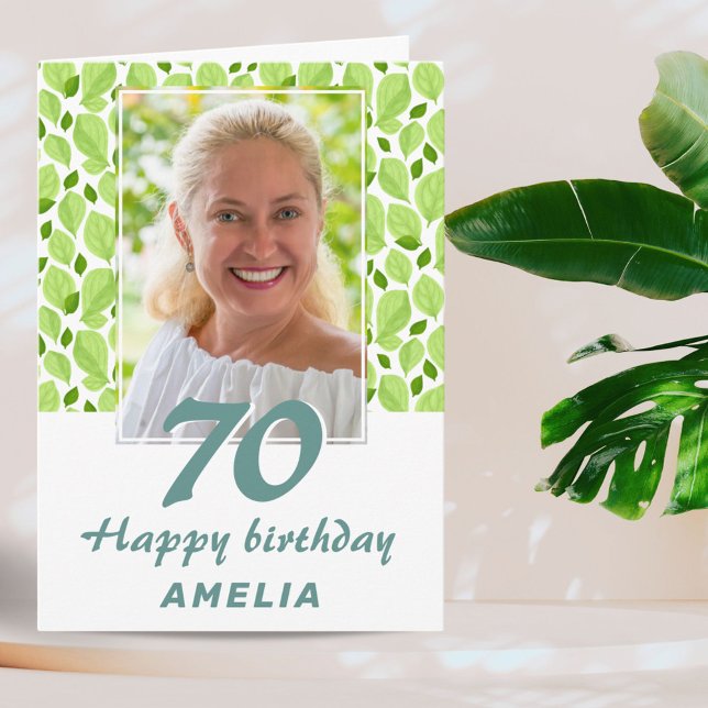 Green Leaf Pattern Botanical 70th Birthday Photo Card (Creator Uploaded)
