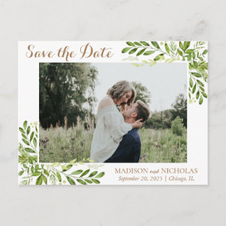 Green Leaf Photo Wedding Save The Date Postcard