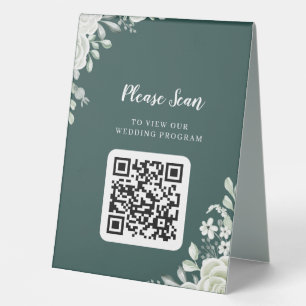Green Leaf QR Code Wedding Table Tent Sign