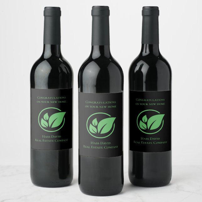 Green leaf Real estate Green black custom Business Wine Label (Bottles)