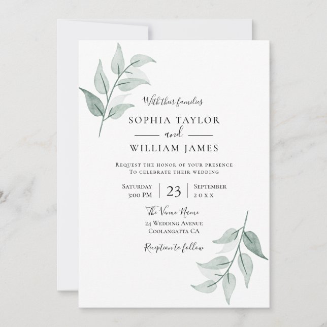 Green Leaf Simply Elegant Spring Summer Wedding Invitation (Front)