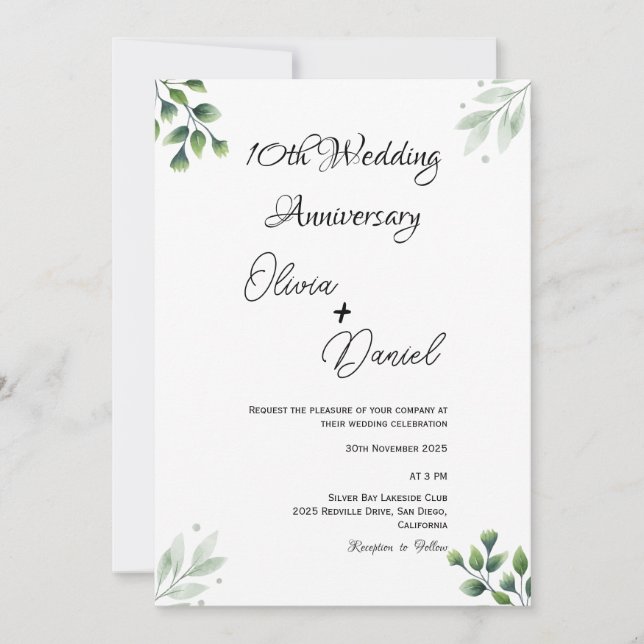 Green Leaf' Standard 10th Wedding Anniversary  Invitation (Front)