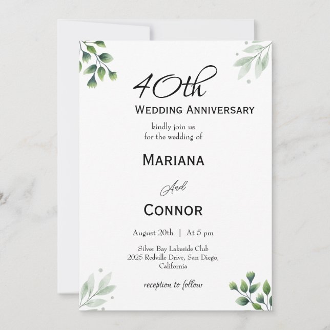 Green Leaf' Standard 40th Wedding Anniversary  Invitation (Front)
