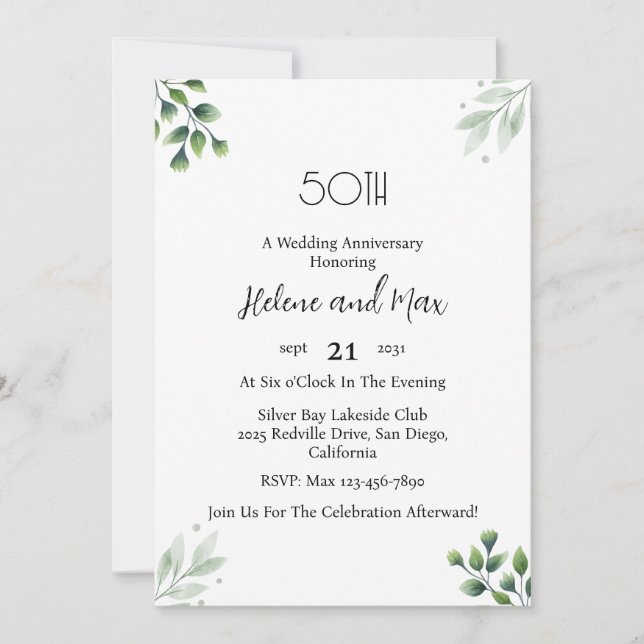 Green Leaf' Standard 50th Wedding Anniversary  Invitation (Front)